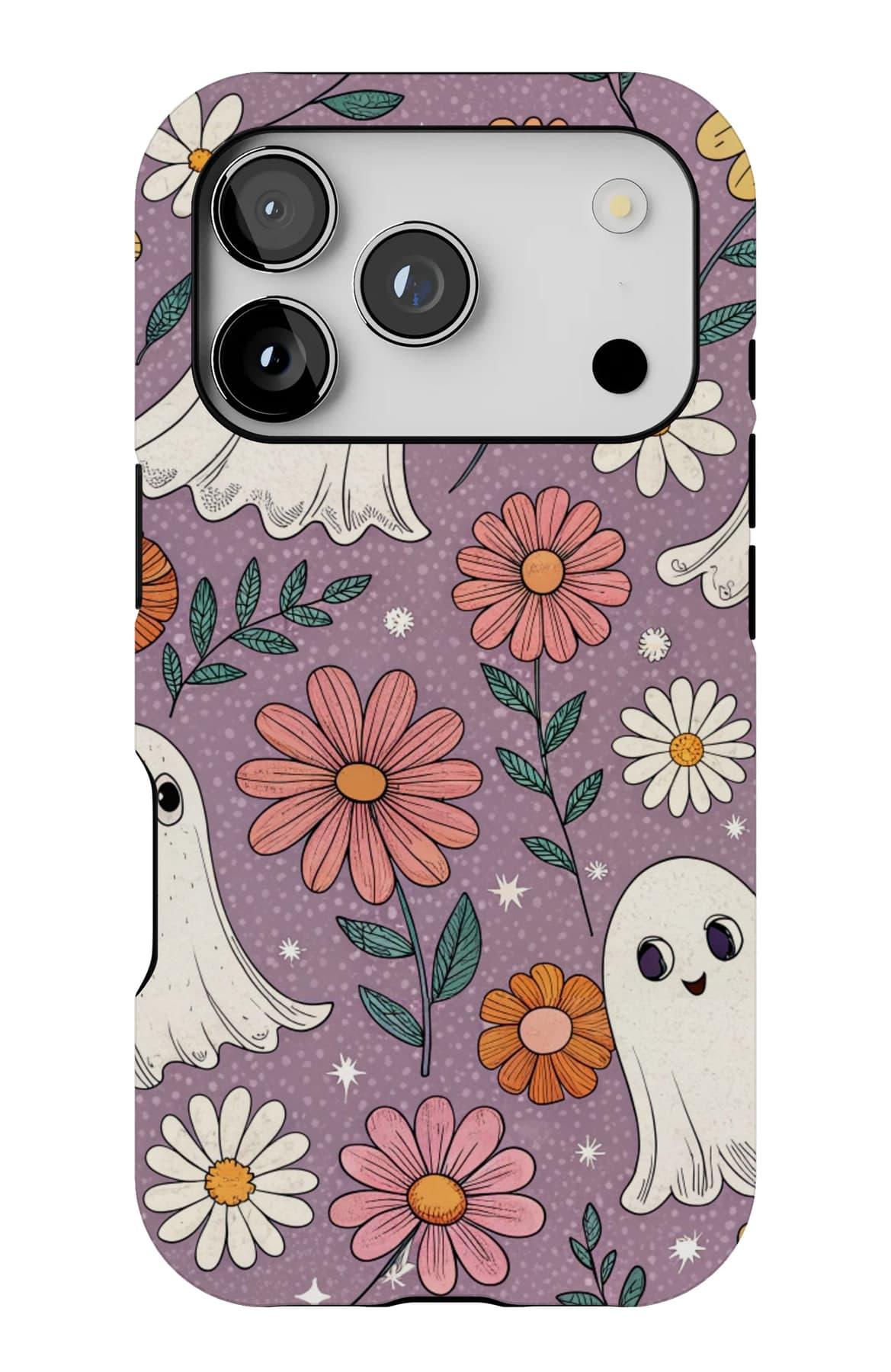 Ghosts and daisies on violet. Shown on an iPhone.