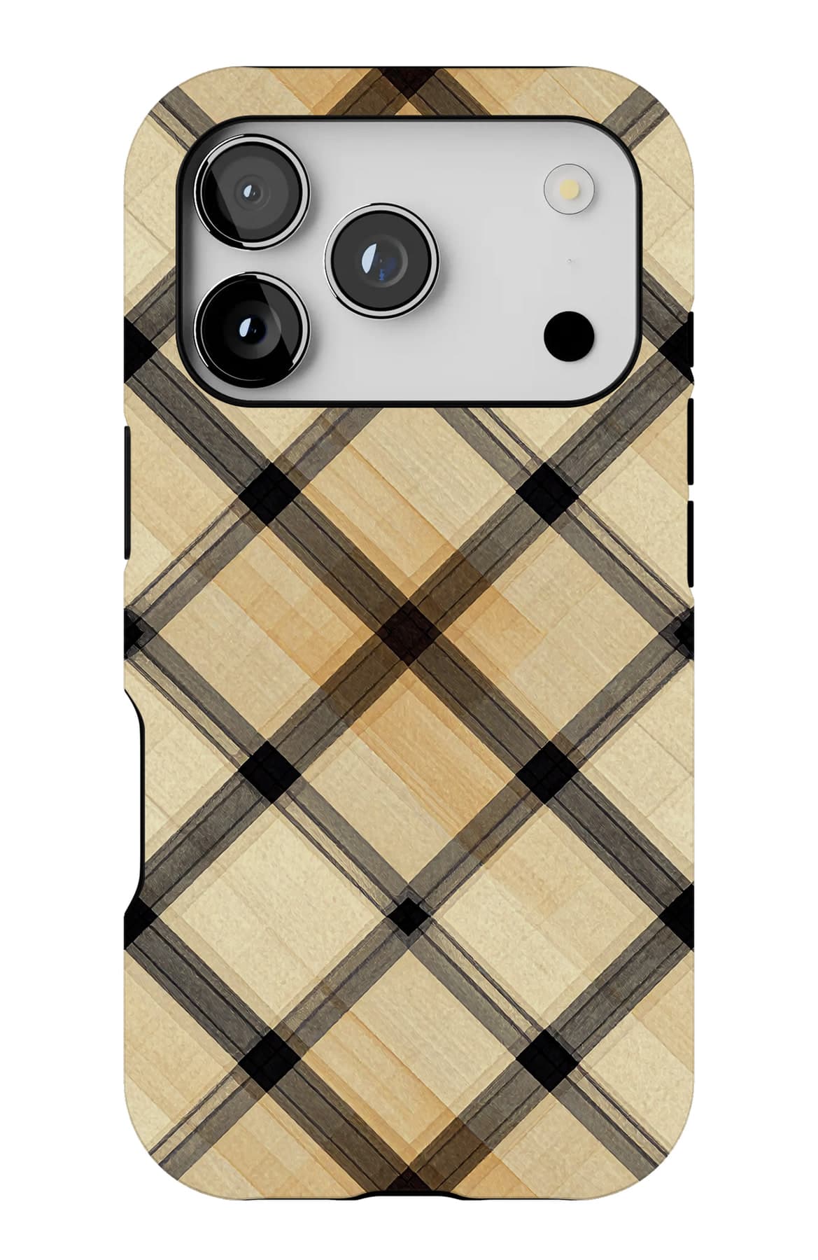 Wheat-coloured check, close woven. Shown on an iPhone.