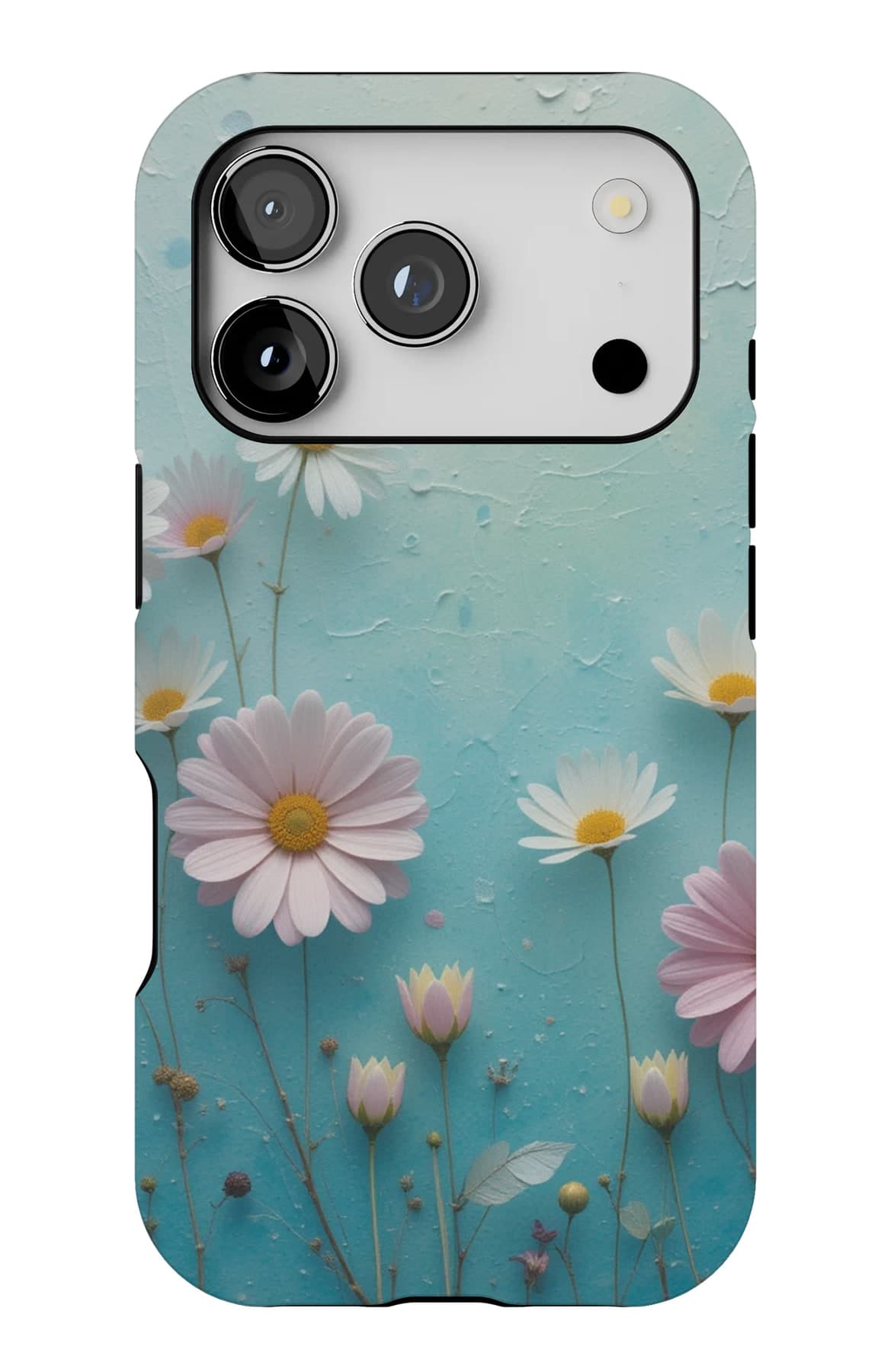 White daisies on a blue wash. Shown on an iPhone.